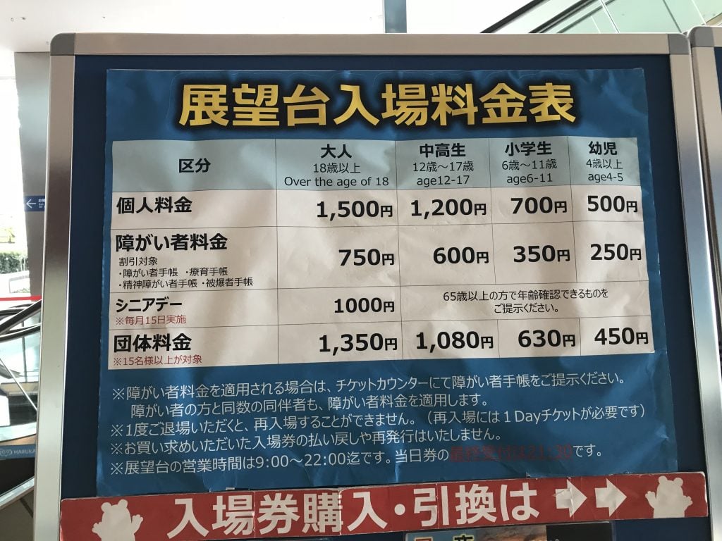 大阪萬豪都酒店Osaka Marriott Miyako Hotel交通及周邊 2 2025 大阪萬豪都酒店周邊-HARUKAS 300觀景台入場收費表