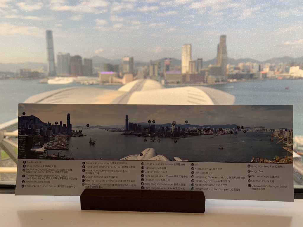 香港萬麗海景酒店-在房間窗邊有指示牌介紹維港風景
