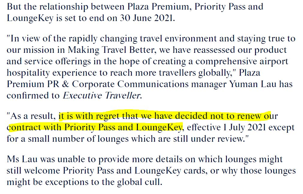 plaza premium lounge取消priority pass lounge key合作 6月30日