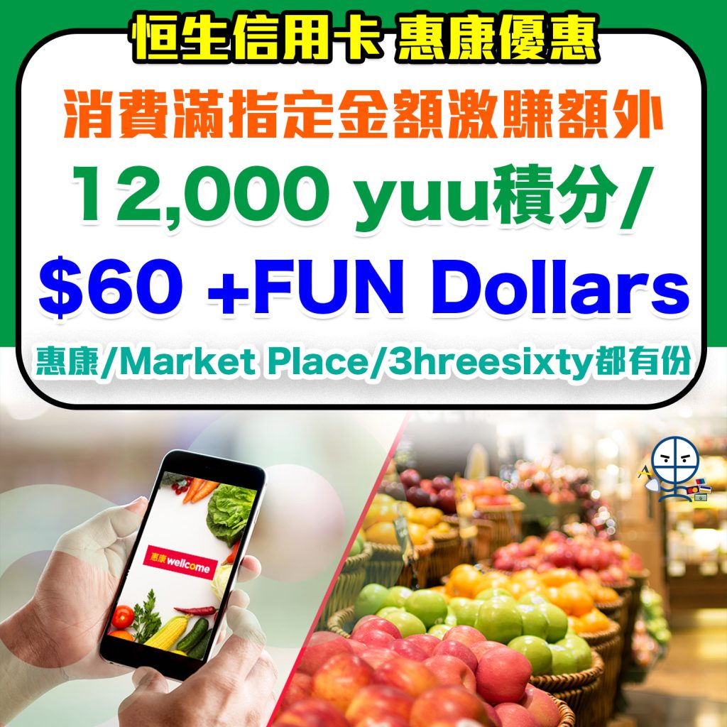 【恒生信用卡 惠康優惠】於惠康/Market Place/3hreesixty消費滿指定金額 激賺額外$60 +FUN Dollars/12,000 yuu積分！