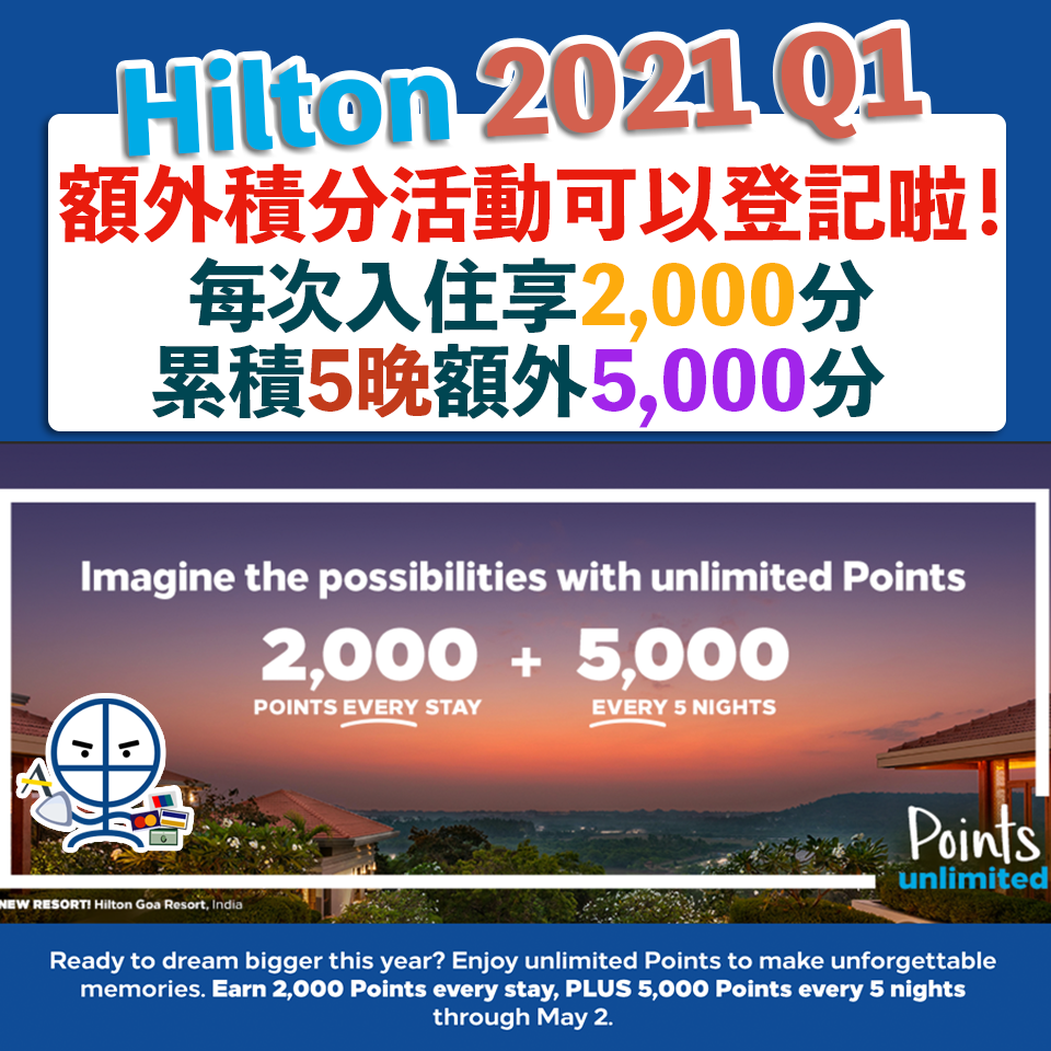 Hilton Honors希爾頓積分活動 購買點數 Bonus Promotion (2021年Q1)登記網址合集 入住日期：2021年1月1日至5月2日