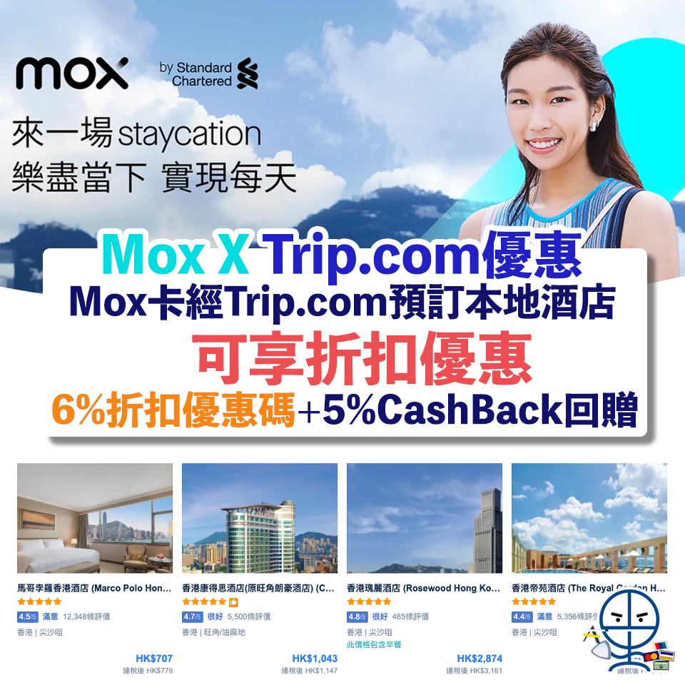 【Mox Trip.com優惠代碼】以Mox Card經Trip.com預訂本地酒店優惠碼專享6%折扣+5%CashBack回贈❗️Mox promo code