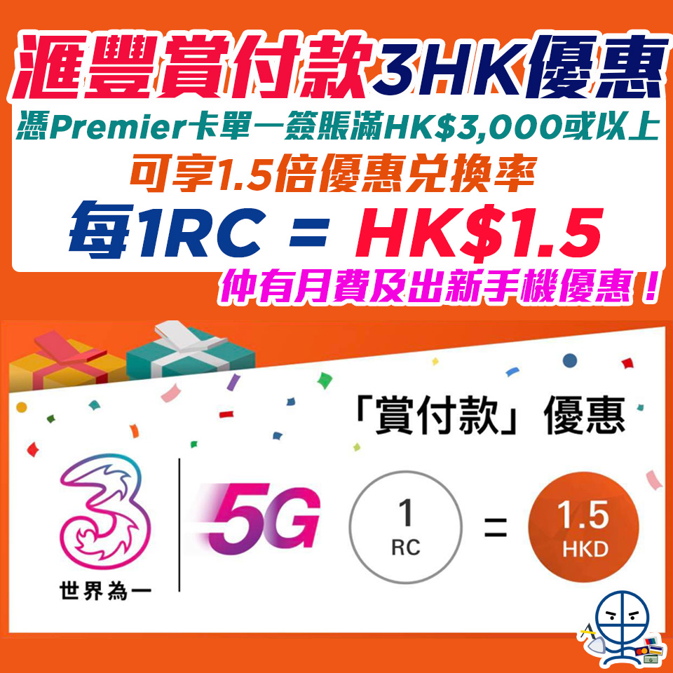 【滙豐3香港賞付款優惠】憑HSBC Premier卡於3HK單一簽賬滿HK$3,000或以上 可享1.5倍「賞付款」兌率 每1RC = HK$1.5 其他滙豐信用卡仲有月費及淨手機優惠