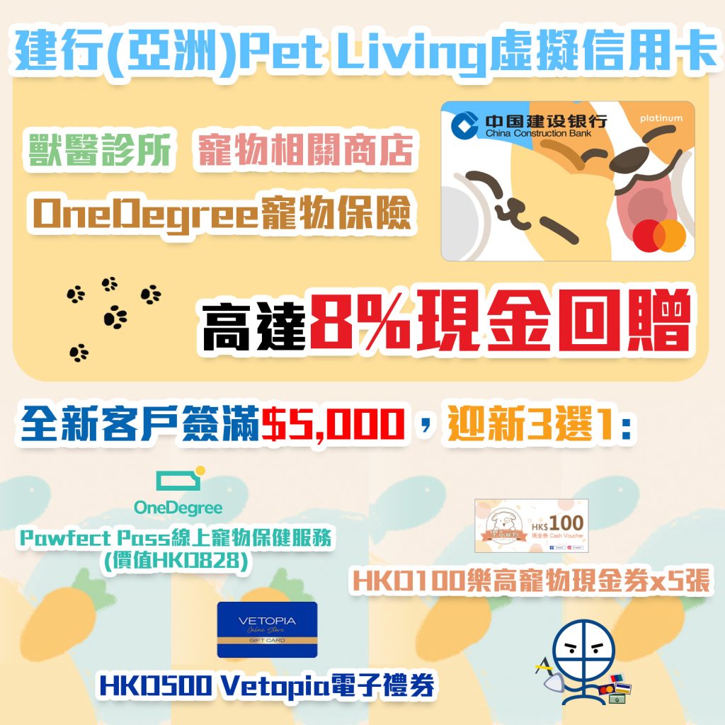 【建行(亞洲)Pet Living虛擬信用卡】寵物簽賬高回贈信用卡！獸醫診所、寵物相關商店及OneDegree寵物保險簽賬低至8%現金回贈！