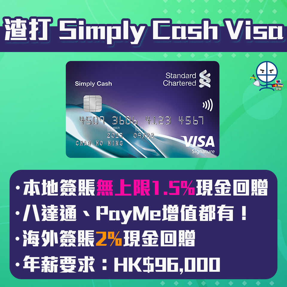 渣打Simply Cash Visa 現金回贈信用卡 迎新HK$600回贈！日常本地/PayMe/支付寶付款1.5% 海外2%