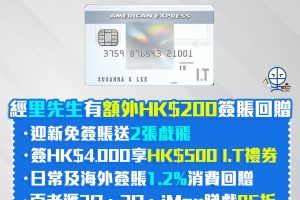 AE I.T Cashback 信用卡 經里先生申請額外HK$200消費回贈申請即送2張戲飛+全年睇戲85折+ 送HK$500 I.T禮券  無上限1.2%消費回贈