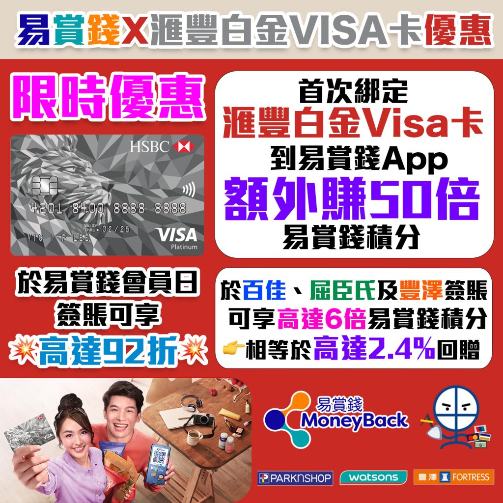 【易賞錢X滙豐白金Visa卡優惠】首次綁定滙豐白金Visa卡到易賞錢App，首單簽賬額外賺50倍易賞錢積分！全年於百佳、屈臣氏及豐澤簽賬可享高達6倍易賞錢積分！「會員日」簽賬更可享高達額外92折優惠！