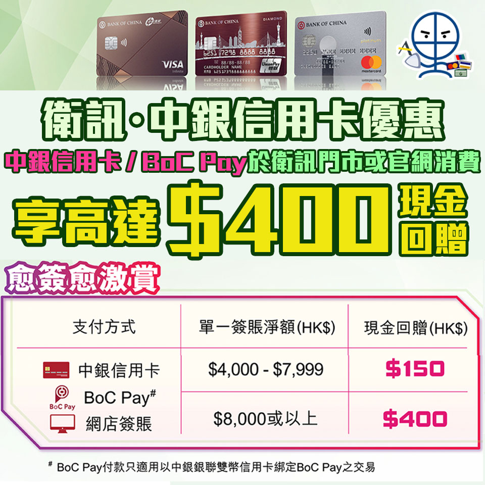 【衛訊 中銀優惠】以中銀信用卡及BoC Pay客戶於衛訊門市或官網消費可享高達HK$400現金回贈！指定產品低至27折❗️
