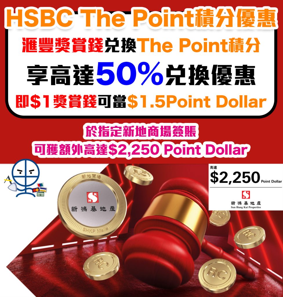 【HSBC The Point積分優惠】滙豐獎賞錢兌換新地商場The Point積分享額外50% 兌換優惠，於指定新地商場簽賬可獲額外高達$2,250 Point Dollar