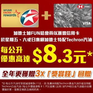 【加德士 滙豐信用卡優惠】車主福音！於星期五、六或日入加德士特配Techron汽油，每公升優惠高達HK$9.2！全年兼享3X信用卡積分！