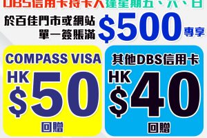 【DBS 百佳夏日優惠】憑DBS 信用卡逢星期五、六及日於百佳門市/網店簽賬可享高達HK$100回贈