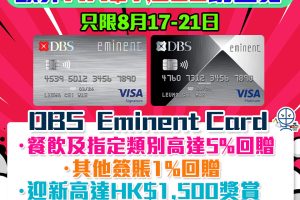 DBS Eminent信用卡有新玩法！8月17至21日期間，經里先生限時額外HK$1,000禮品 迎新合共高達HK$2,000回贈 食飯必備卡! 食肆/健身/運動服飾高達5%回贈!