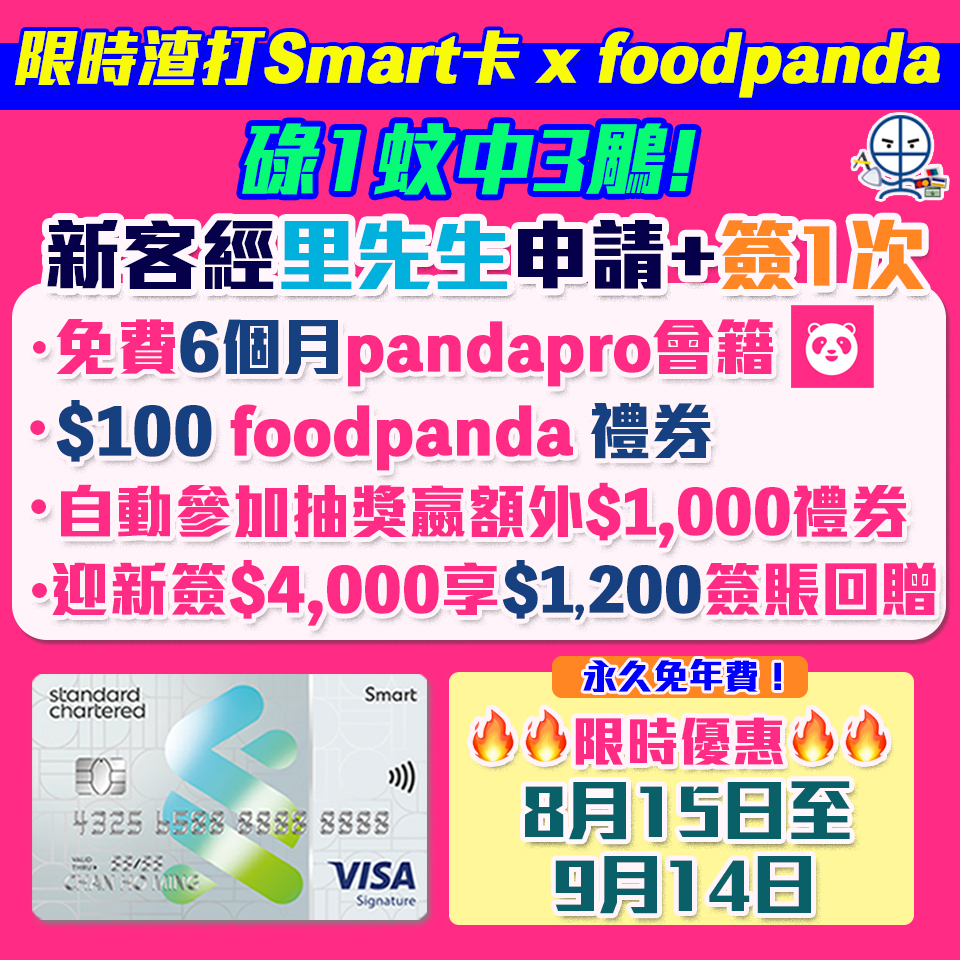 【渣打Smart卡】額外6個月pandapro會籍+HK$100 foodpanda優惠券 迎新簽$4,000回$1,200現金回贈