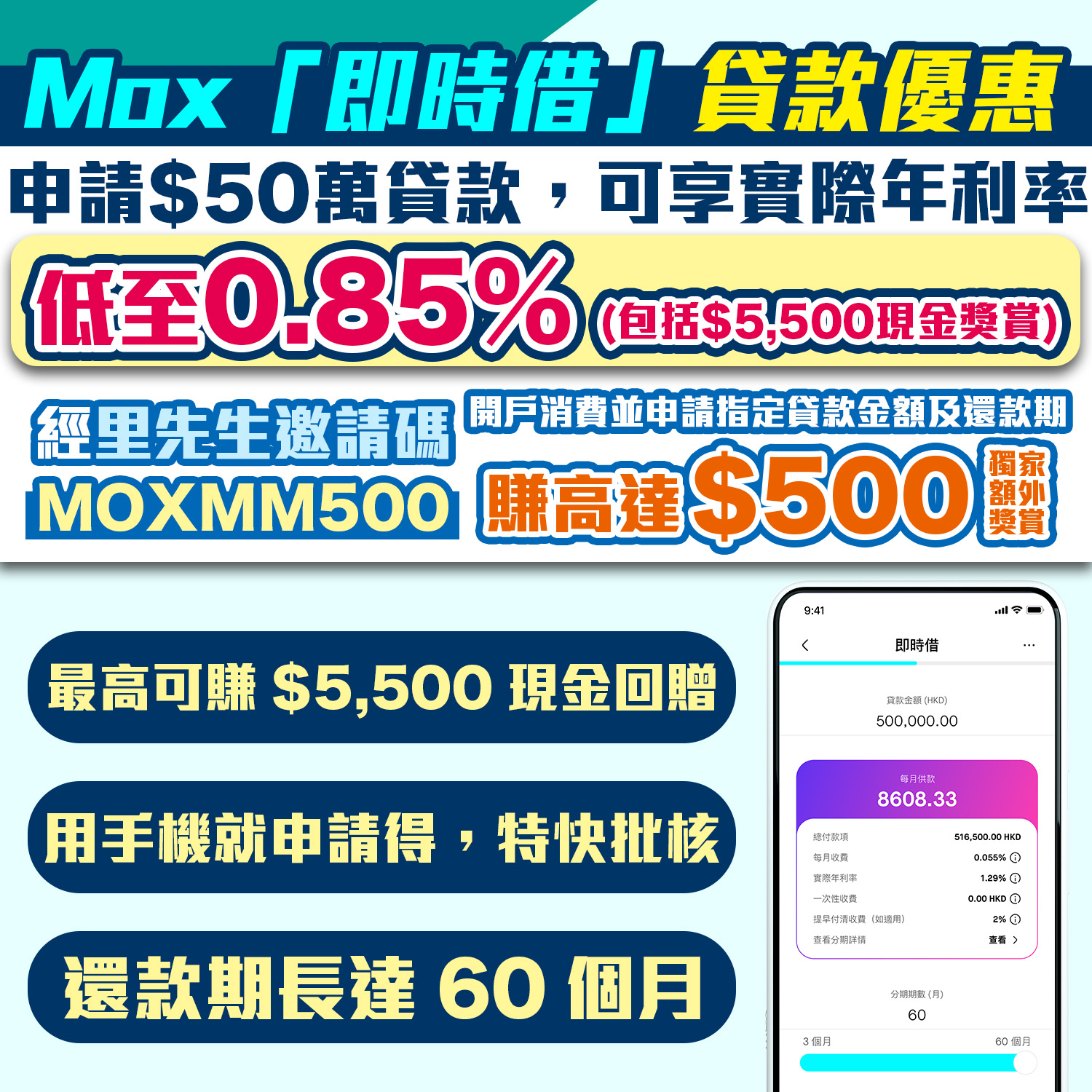 【Mox Bank貸款優惠（名額已滿！）】「即時借」賺取高達HK$5,500現金奬賞*+里先生額外HK$500獎賞**！實際年利率低至0.85%^！