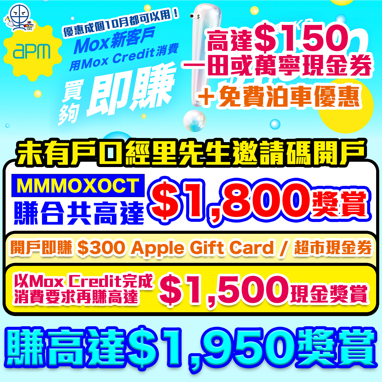 Mox Bank apm商場優惠｜高達HK$150一田或萬寧現金券＋免費泊車優惠！