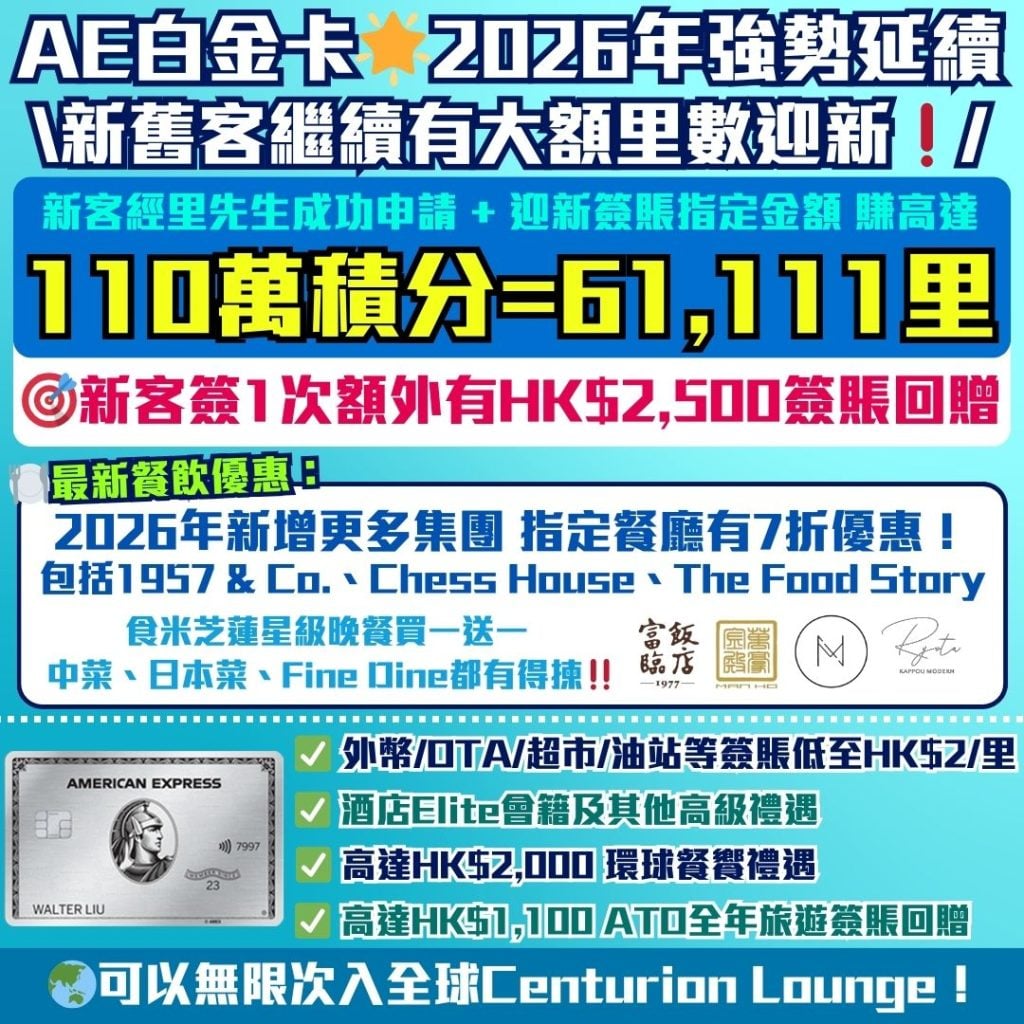 AE白金卡 2026年強勢延續迎新 2026 AE白金卡-迎新-年薪-年費-回贈-里數-AE積分