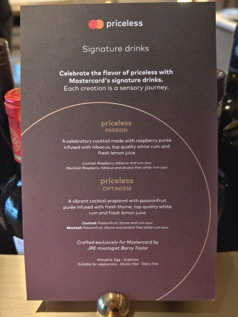 Mastercard lounge drink menu 2026