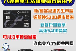 【建行(亞洲)八達通車生活銀聯鑽石信用卡】新客戶迎新高達$400！每月泊車優惠回贈，汽車美容4%現金回贈！永久免年費