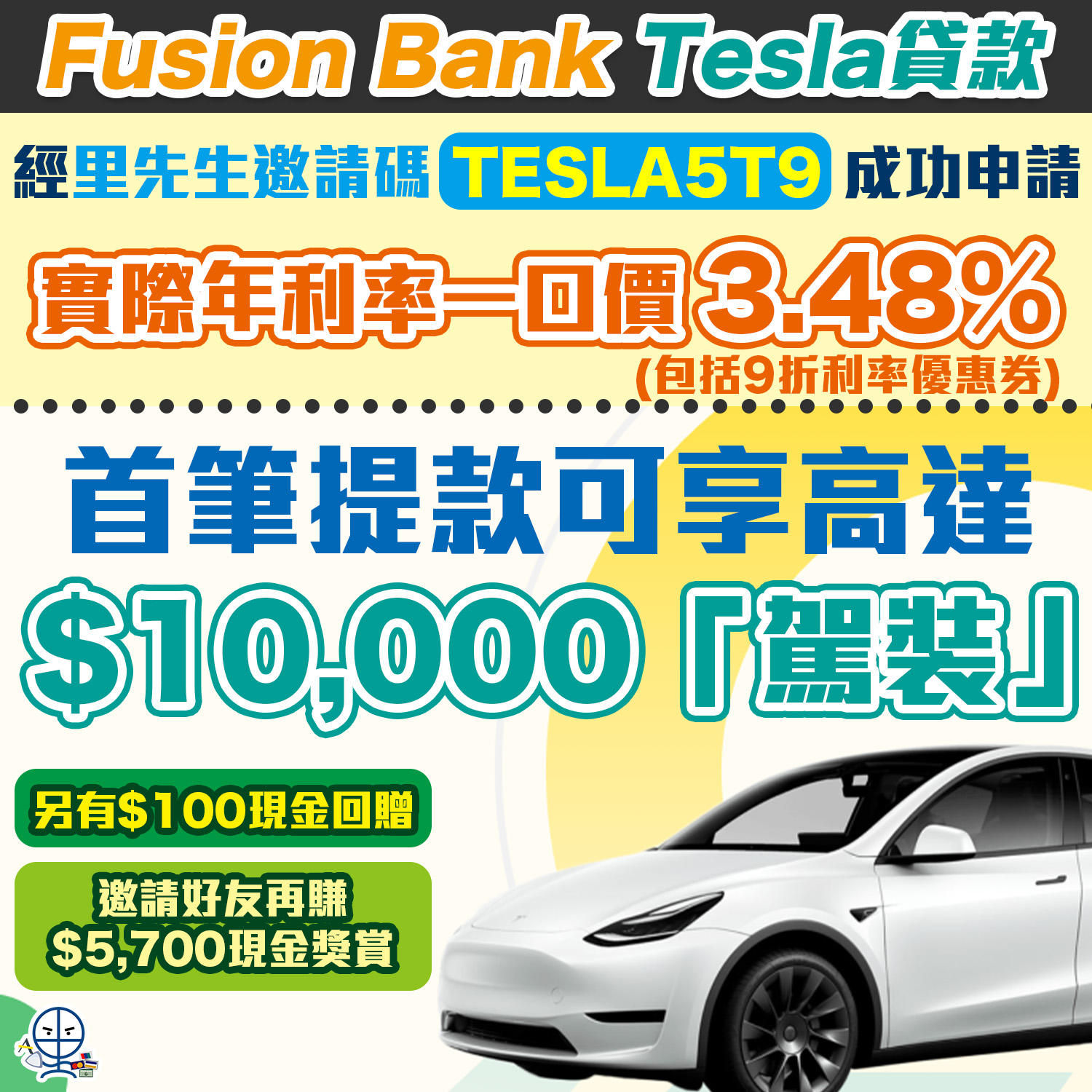 Fusion Bank Tesla貸款｜實際年利率一口價3.48%^＋送HK$100現金回贈！