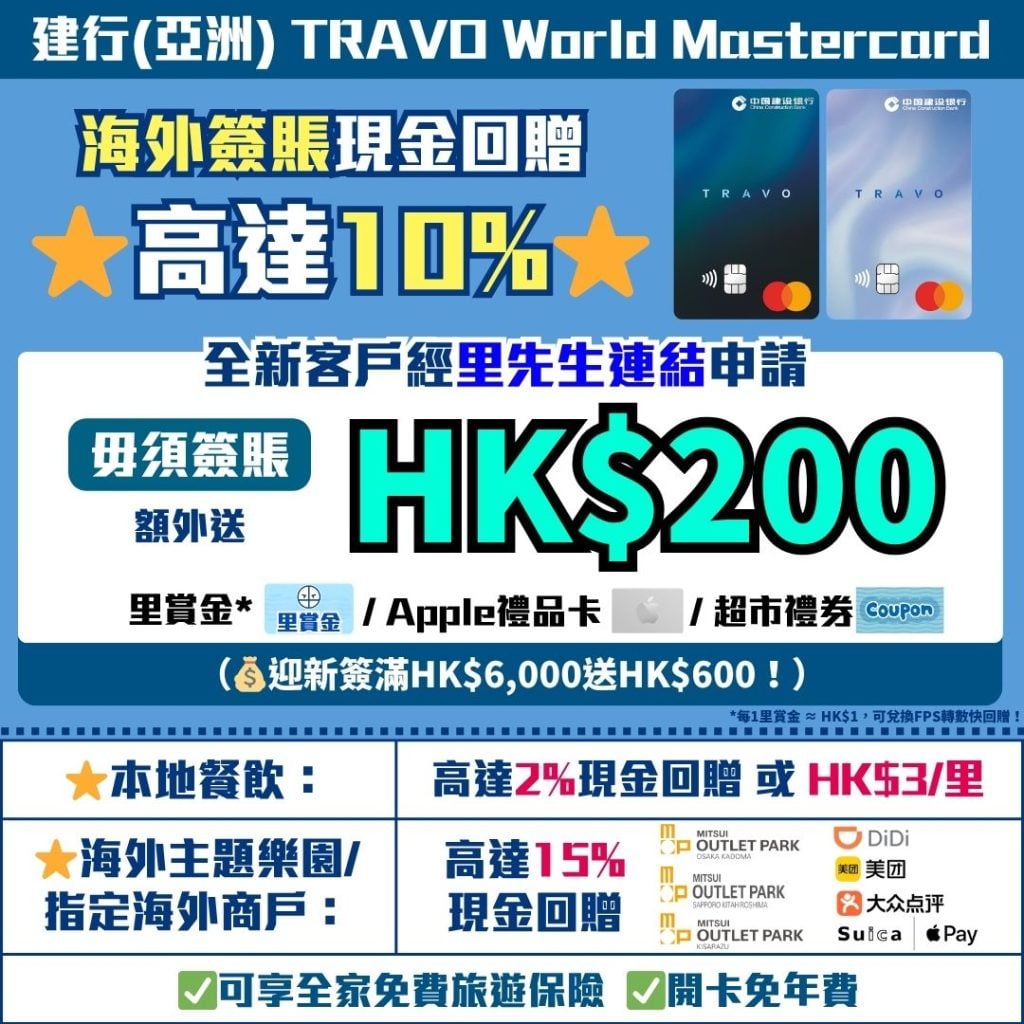 建行亞洲 TRAVO World Mastercard 海外簽賬現金回贈高達10 2026 建行(亞洲)TRAVO World Mastercard-海外簽賬-旅行信用卡-現金回贈信用卡