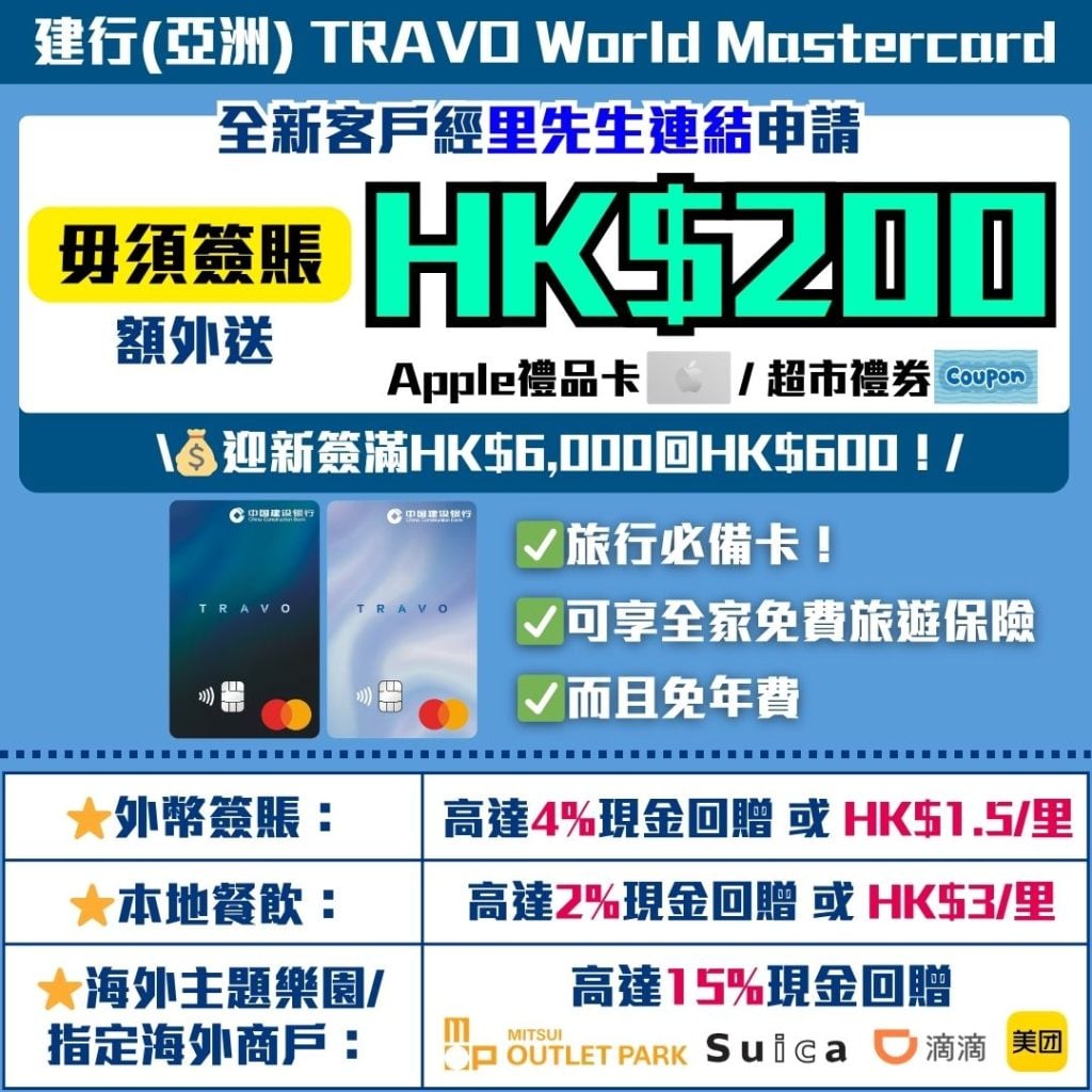建行亞洲 TRAVO World Mastercard 迎新優惠 海外簽賬 2026 建行(亞洲)TRAVO World Mastercard-海外簽賬-旅行信用卡-現金回贈信用卡
