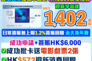 AE Blue Cash信用卡 迎新食$1,402獎賞 1.2%消費回贈 無年薪要求!