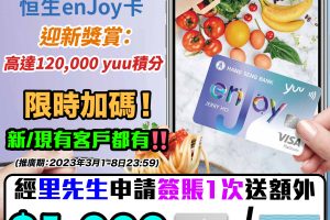 【 恒生enJoy卡優惠送$1000】3月加碼限時快閃+升級迎新獎賞總值高達HK$1,600！永久免年費！