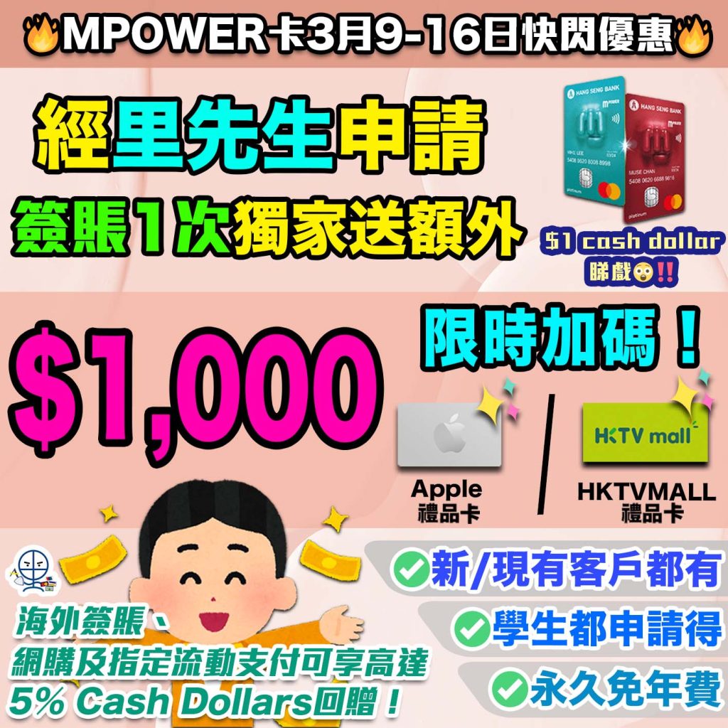 【3月加碼限時快閃 網購必備恒生MPOWER卡】經里先生申請批卡後30日內簽賬1次送額外HK$1,000 Apple或HKTVMALL禮品卡！海外簽賬、網購及指定流動支付可享高達5% Cash Dollars回贈！新舊客戶都有迎新優惠！