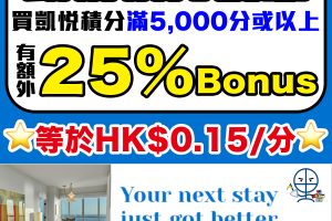【Hyatt凱悅買分Bonus優惠】購買Hyatt凱悅酒店積分可獲額外25%獎勵