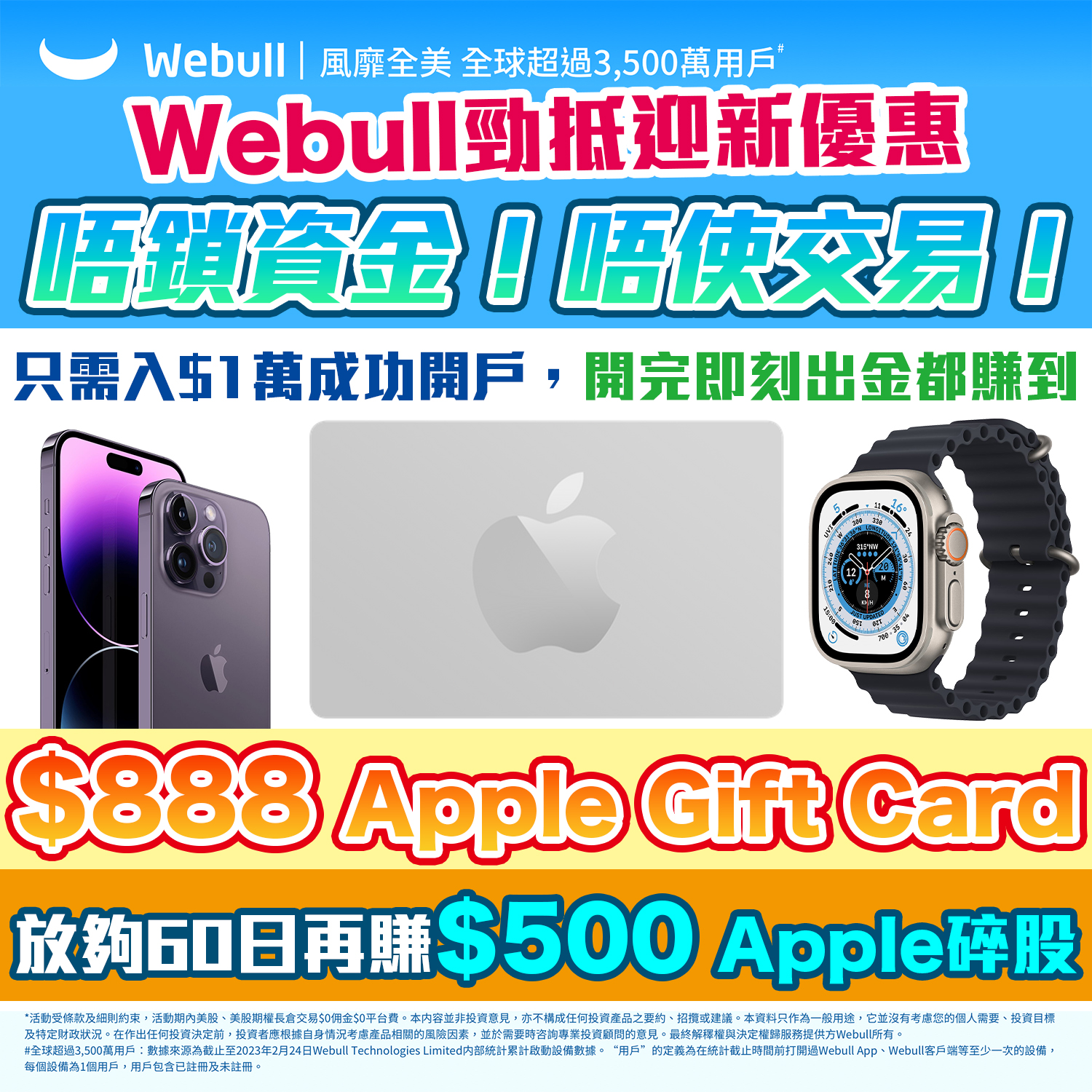 【Webull開户優惠】獨家換超市券！唔鎖資金、唔洗交易，微牛證券入$1萬開戶即出金都賺到$888 Apple Gift Card！放60日再賺$500 Apple碎股！