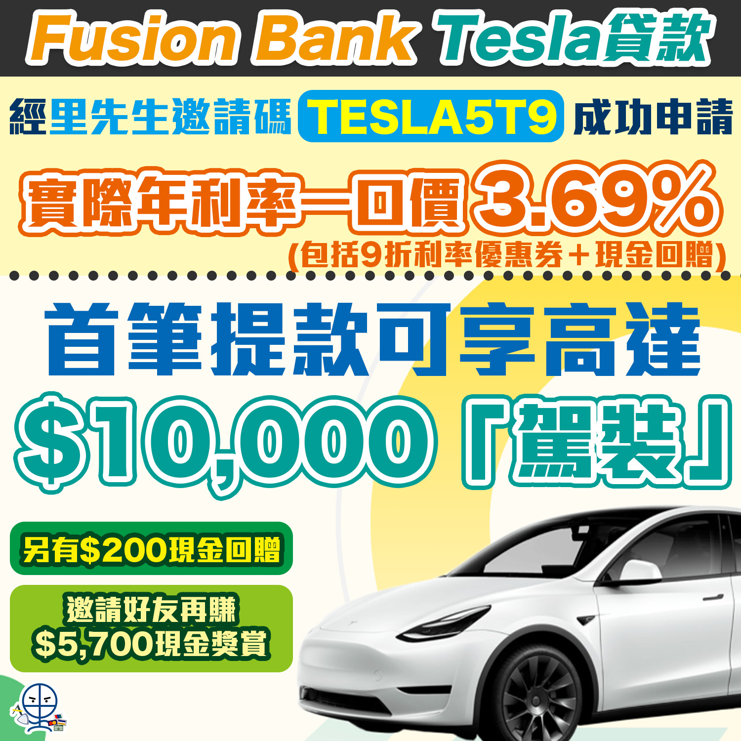 Fusion Bank Tesla貸款｜實際年利率一口價3.69%(包括現金回贈)*＋送HK$200現金回贈！