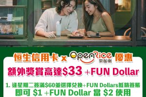 【恒生信用卡 x OpenRice 優惠】逢星期二$1 +FUN Dollars 當$2使！訂座賺額外+FUN Dollars！