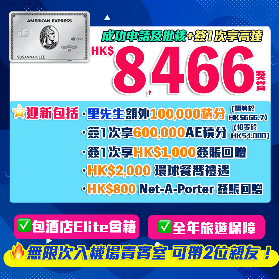 【AE特選優惠】AE白金信用卡簽HK$5,000回贈HK$500，3個月合共可享高達HK$1,500簽賬回贈