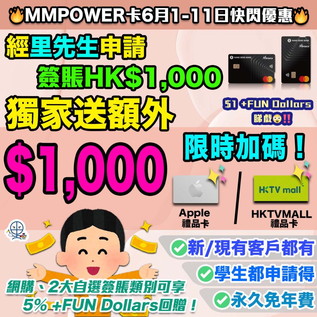 【6月限時快閃 網購必備恒生MMPOWER卡】經里先生申請批卡後30日內簽賬$1,000送額外HK$1,000 Apple或HKTVMALL禮品卡！網購及2大自選簽賬類別可享5% +FUN Dollars回贈！新舊客戶都有迎新優惠！