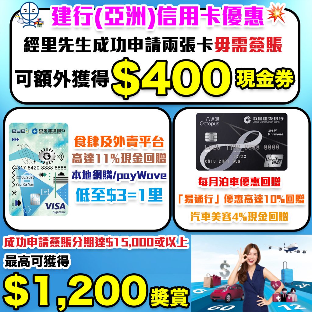 【建行(亞洲)信用卡優惠】新/舊客戶經里先生成功申請一張卡送額外$200超市禮券！2張卡可獲$400超市禮券！全新客戶成功申請簽賬分期達$15,000或以上，更可獲得最高$1,200獎賞！