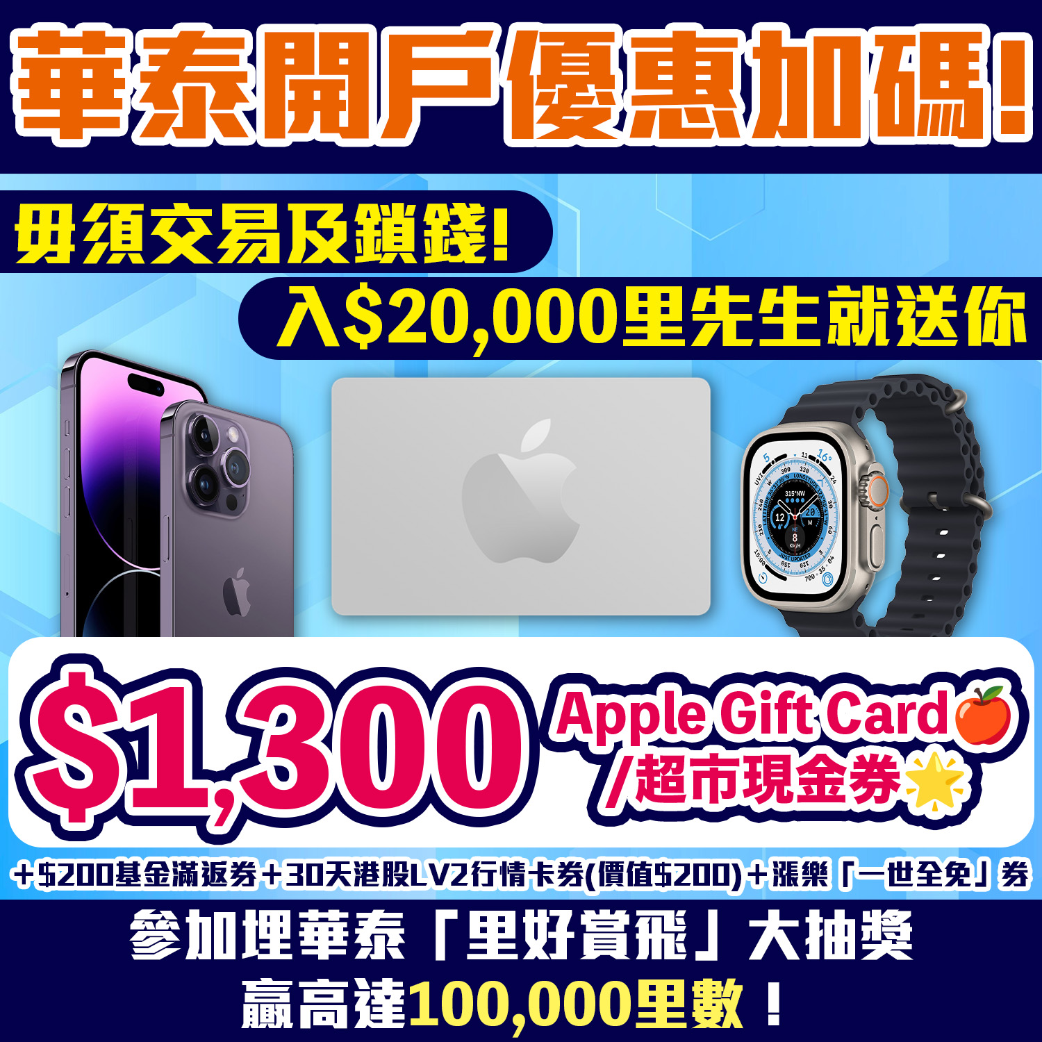 華泰開戶加碼賺$1,300 Apple Gift Card/超市現金券，合共高達HK$1,700獎賞！毋須交易及鎖錢！開戶並首次入$20,000食迎新！