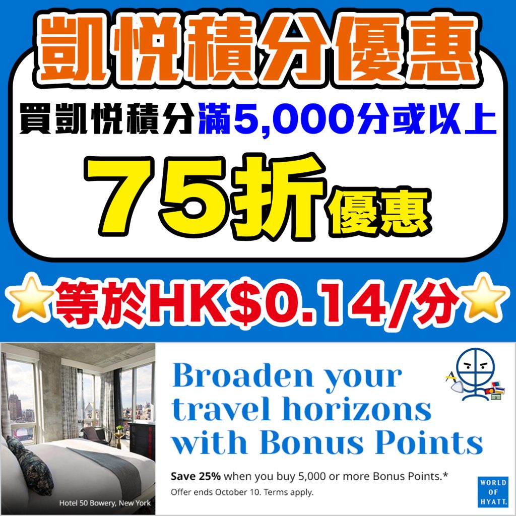 【Hyatt凱悅買分優惠】購買Hyatt凱悅酒店積分可享75折優惠