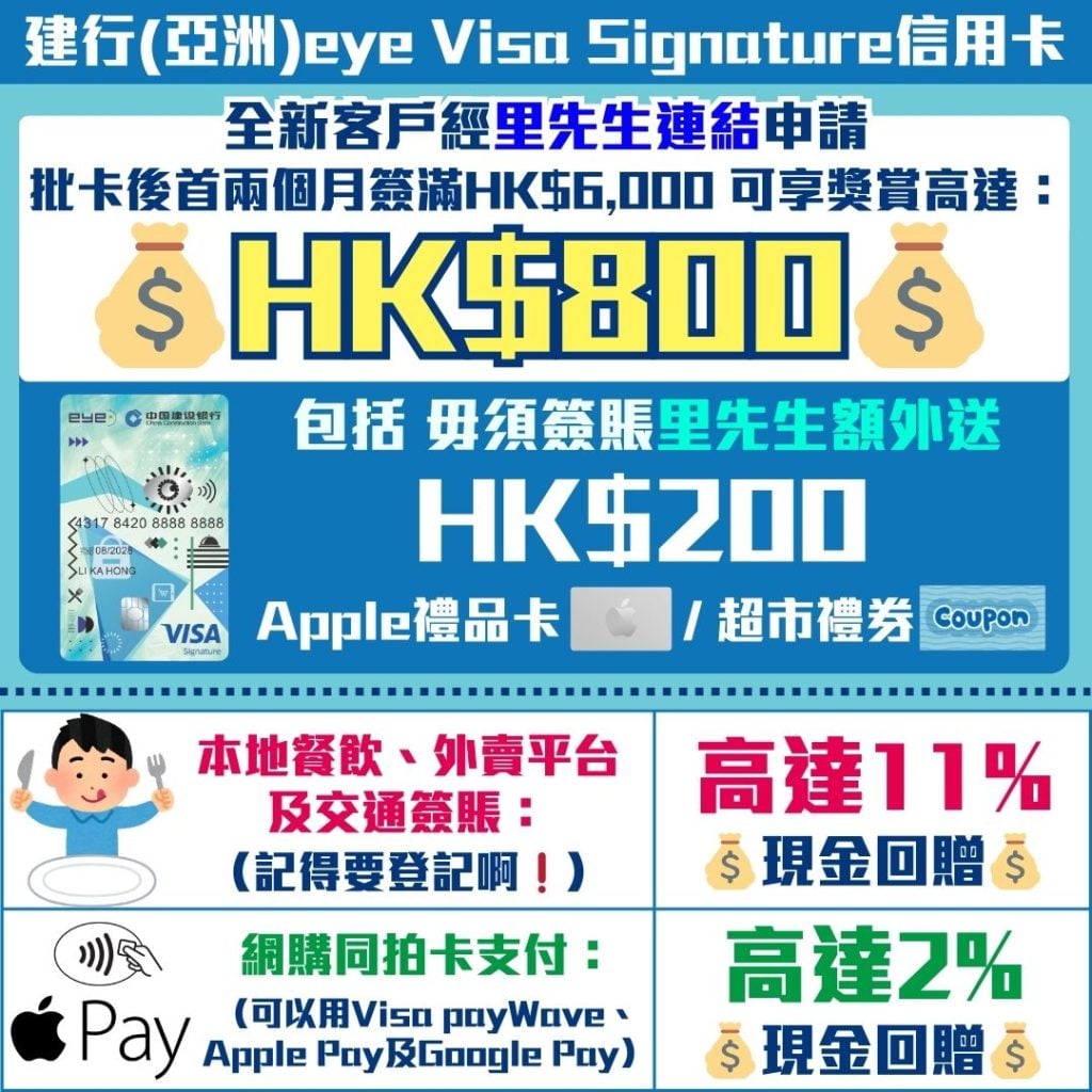 建行亞洲eye Visa Signature信用卡 2026 建行(亞洲)eye Visa Signature信用卡-迎新優惠-低息簽賬分期計劃-現金回贈-信用卡優惠
