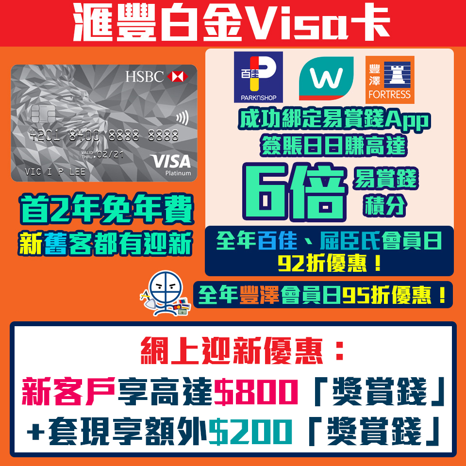 【滙豐白金Visa卡】限時額外送多3個麥當勞餐！網上申請迎新高達$1,000獎賞錢（相等於10,000里）！綁卡到易賞錢App，百佳、屈臣氏、豐澤簽賬日日享高達6倍「易賞錢」積分