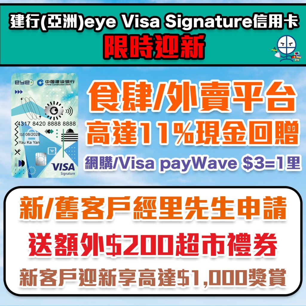 【建行(亞洲)eye Visa Signature信用卡】建行(亞洲)信用卡限時迎新！新/舊客戶迎新高達$1,000！食肆及外賣平台高達11%現金回贈！