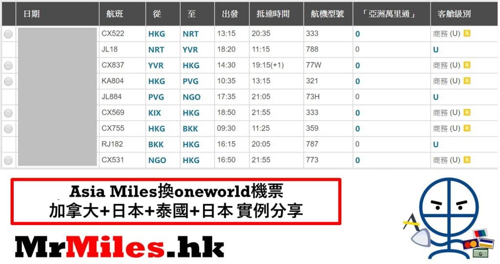 oneworld 例子 asia miles 2025
