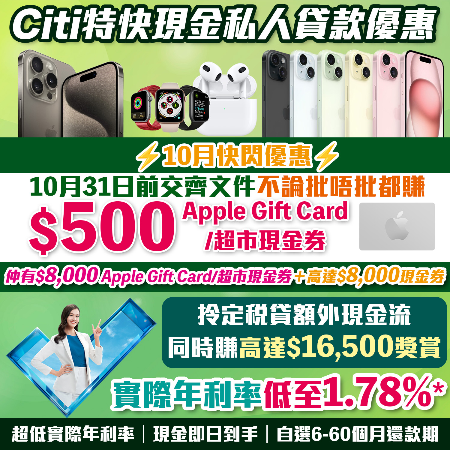 【Citi貸款限時優惠】快閃優惠：10月31日前交齊文件不論批唔批都賺HK$500 Apple Gift Card/超市現金券！Citi特快現金私人貸款賺高達HK$16,500獎賞！實際年利率低至1.78%*！