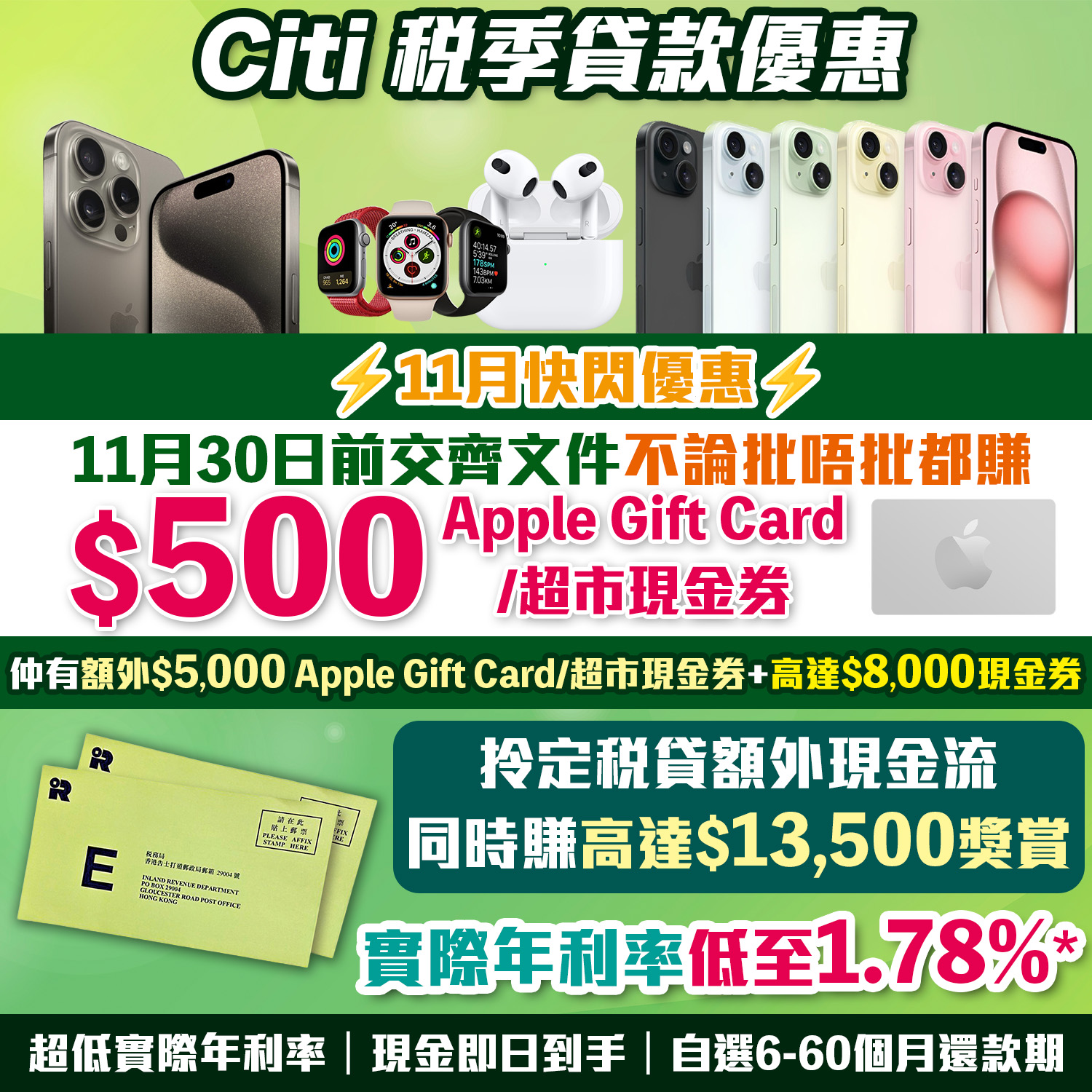 【Citi貸款限時優惠】快閃優惠：11月30日前交齊文件不論批唔批都賺HK$500 Apple Gift Card/超市現金券！Citi稅季貸款賺高達HK$13,500獎賞！實際年利率低至1.78%*！