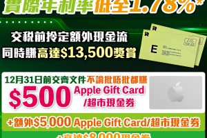 【Citi貸款限時優惠】快閃優惠延長至12月31日前！交齊文件不論批唔批都賺HK$500 Apple Gift Card/超市現金券！Citi稅季貸款賺高達HK$13,500獎賞！實際年利率低至1.78%*！