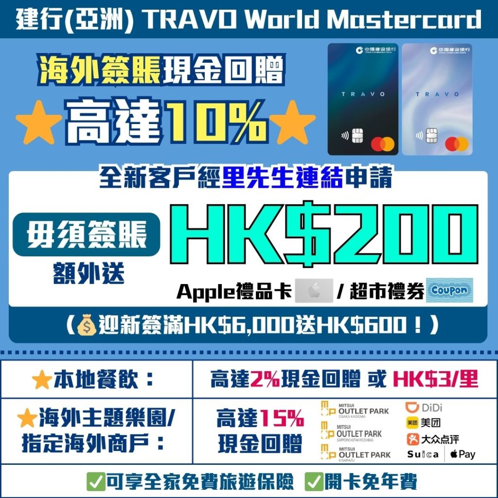 建行亞洲 TRAVO World Mastercard 海外簽賬 現金回贈 2026 建行(亞洲)TRAVO World Mastercard-海外簽賬-旅行信用卡-現金回贈信用卡