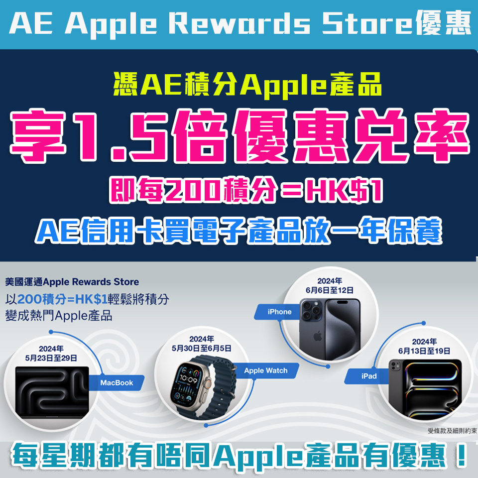【AE Apple Rewards Store優惠】憑美國運通積分買Apple產品享2倍兌率！即200積分＝HK$1 AE卡買電子產品再送一年保養
