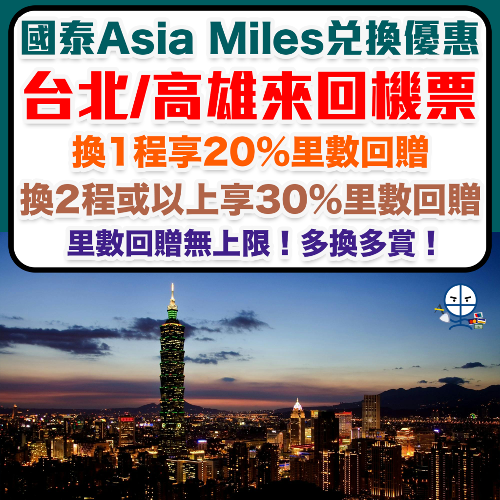 【Asia Miles 兌換優惠】於國泰以里數兌換台北或高雄來回機票 享高達30%里數回贈！