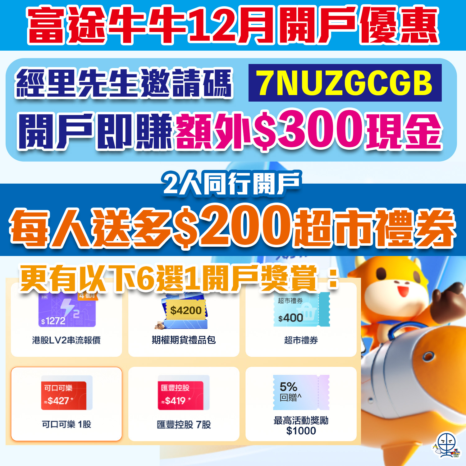 【富途牛牛優惠】經邀請碼開戶送額外HK$300現金券！2人同行開戶再賺HK$200超市禮券！學生都有份～內文有開戶/轉倉教學