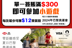 【HSBC Rewards+ 小遊戲】憑HSBC Visa卡於本地食肆單一簽賬滿HK$300 有機會贏2024年巴黎奧運會VIP之旅及$1,288獎賞錢