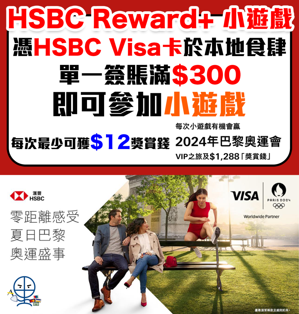 【HSBC Rewards+ 小遊戲】憑HSBC Visa卡於本地食肆單一簽賬滿HK$300 有機會贏2024年巴黎奧運會VIP之旅及$1,288獎賞錢